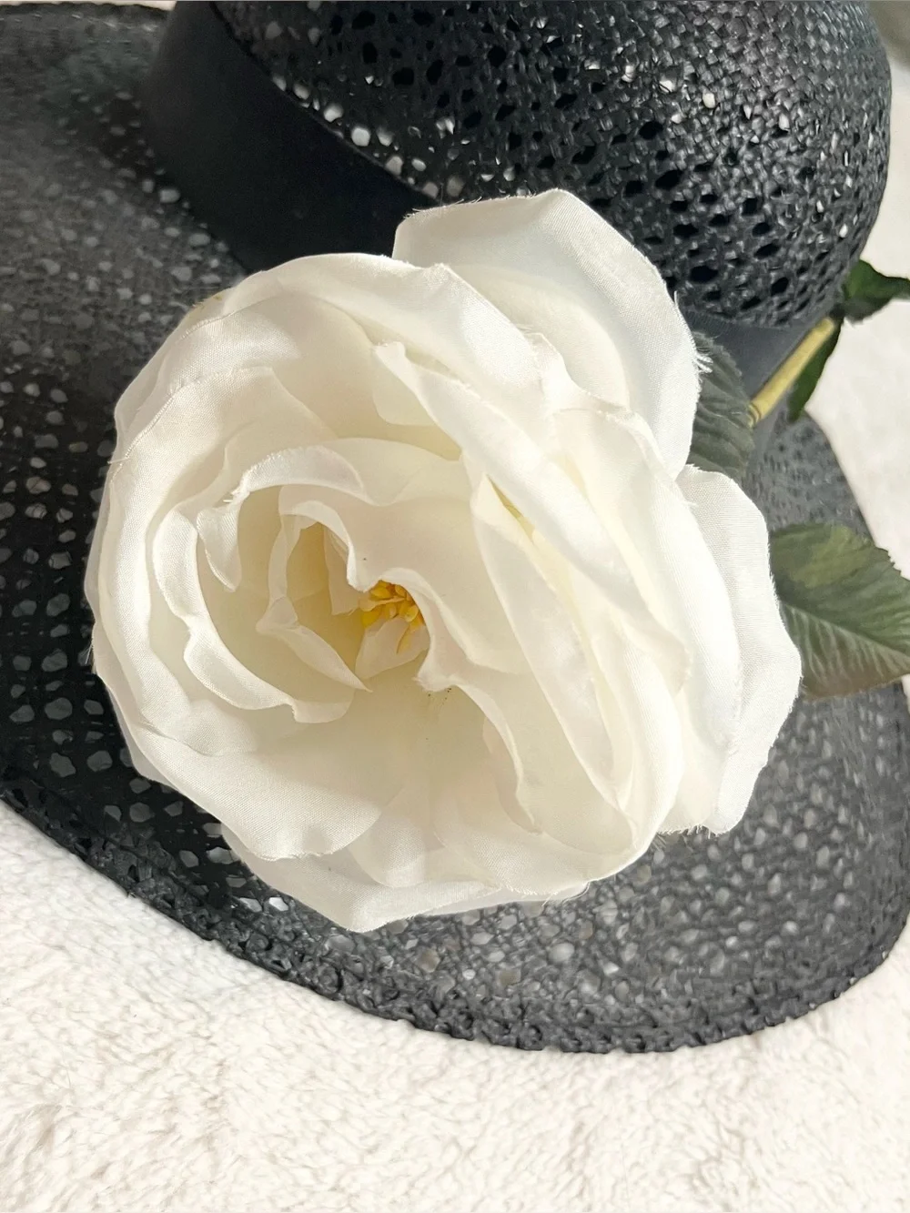 Vintage Oscar de la Renta Black Structured Straw Hat with White Rose Fascinator